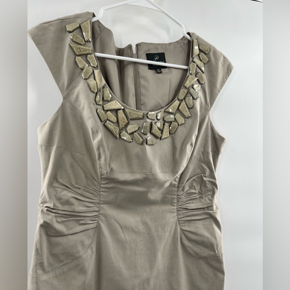 Adrianna Papell brown dress embellishment neckline short sleeve ruched waist 12P - Picture 2 of 7